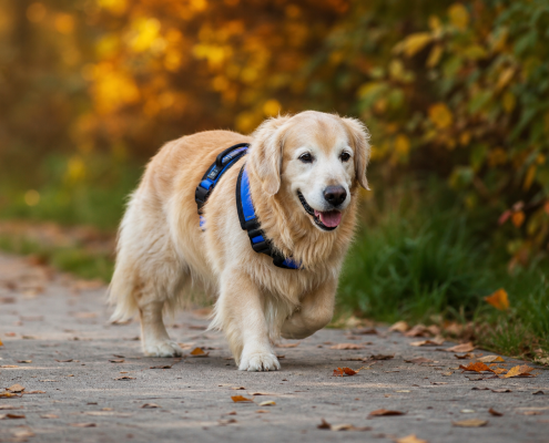 golden retriever wearing a blue harness walking on a path, perfect for low-impact exercises senior dogs.