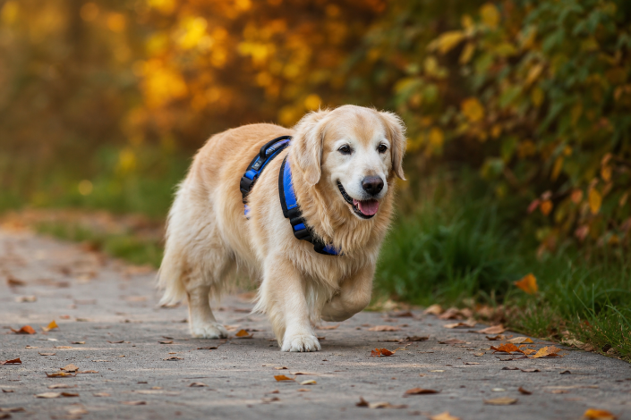 golden retriever wearing a blue harness walking on a path, perfect for low-impact exercises senior dogs.
