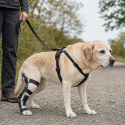 Modified Leash Training Techniques for Dogs with Reduced Mobility person holding leash, guiding a golden labrador with leg brace and harness, disabled dog leash training.