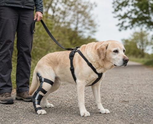 person holding leash, guiding a golden labrador with leg brace and harness, disabled dog leash training.