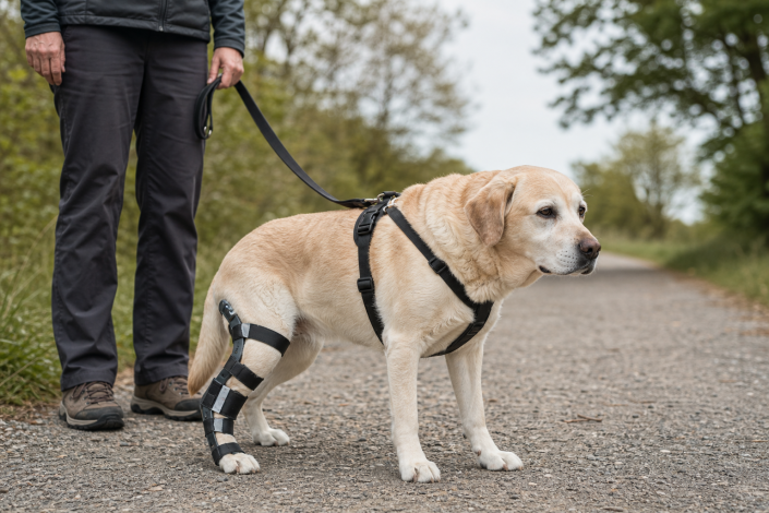 person holding leash, guiding a golden labrador with leg brace and harness, disabled dog leash training.