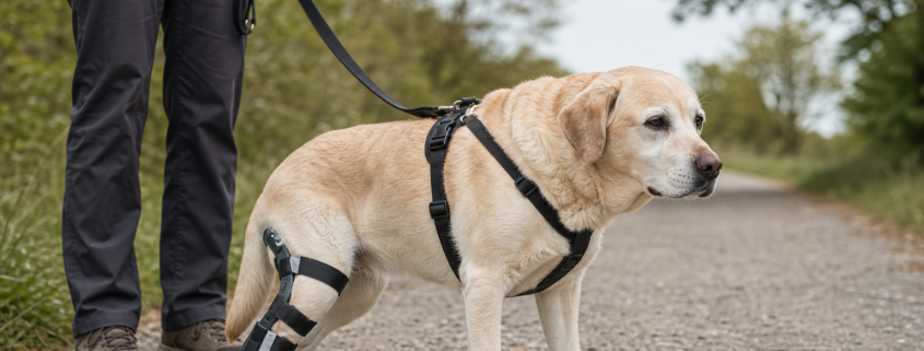 person holding leash, guiding a golden labrador with leg brace and harness, disabled dog leash training.