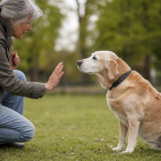 gray-haired woman teaching a sitting senior dog obedience training with hand signal in park.