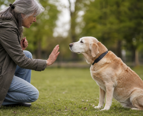 gray-haired woman teaching a sitting senior dog obedience training with hand signal in park.