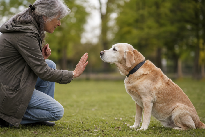 gray-haired woman teaching a sitting senior dog obedience training with hand signal in park.