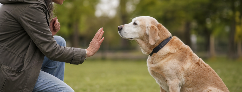 gray-haired woman teaching a sitting senior dog obedience training with hand signal in park.
