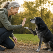 Shorter Training Session Durations with Increased Frequency for Elderly Canines gray-haired woman giving a high-five to a black senior dog during training sessions outdoors.