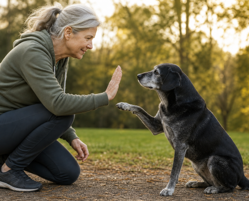 gray-haired woman giving a high-five to a black senior dog during training sessions outdoors.