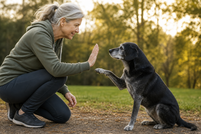 gray-haired woman giving a high-five to a black senior dog during training sessions outdoors.