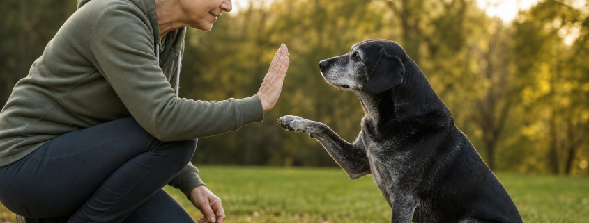 gray-haired woman giving a high-five to a black senior dog during training sessions outdoors.