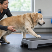 Teaching Gentle Movement and Slow-Down Cues for Senior Dogs woman assisting a golden retriever with senior dog movement exercises using a step platform in a gym.