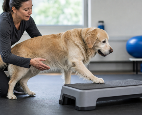 woman assisting a golden retriever with senior dog movement exercises using a step platform in a gym.