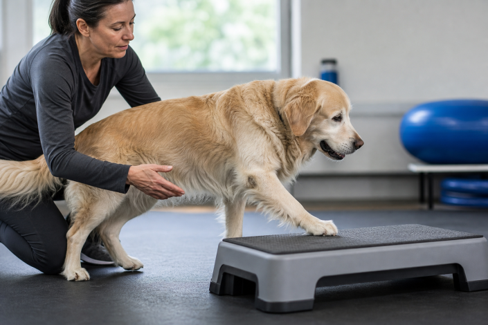 woman assisting a golden retriever with senior dog movement exercises using a step platform in a gym.