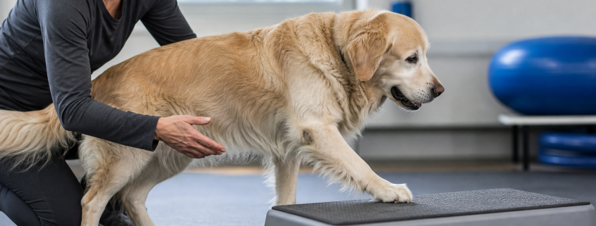 woman assisting a golden retriever with senior dog movement exercises using a step platform in a gym.