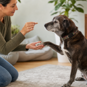woman giving senior dog training rewards, holding a treat while dog shakes her hand.