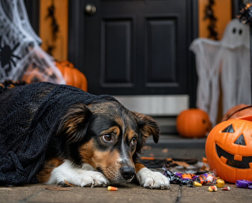 sad dog under black gauze surrounded by halloween candy and decor, highlighting halloween safety dogs.