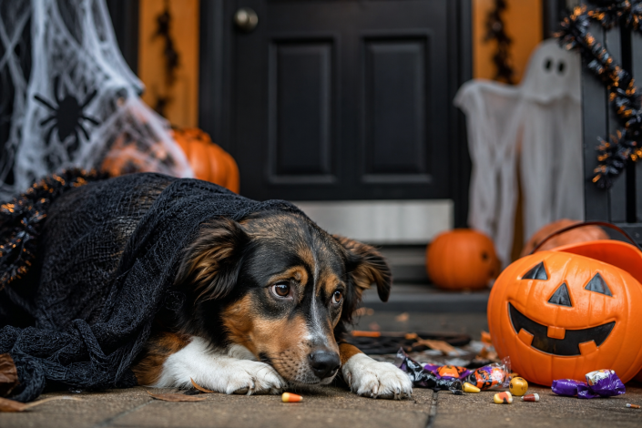 sad dog under black gauze surrounded by halloween candy and decor, highlighting halloween safety dogs.