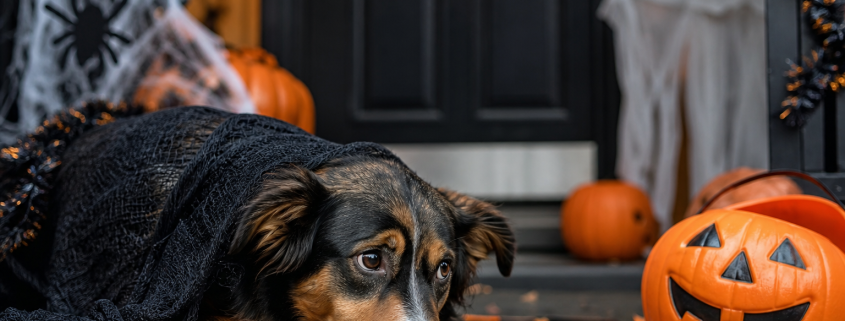 sad dog under black gauze surrounded by halloween candy and decor, highlighting halloween safety dogs.