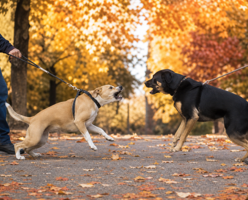 two dogs barking aggressively on leashes, demonstrating a need for leash reactivity training.