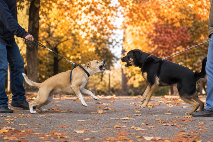 two dogs barking aggressively on leashes, demonstrating a need for leash reactivity training.