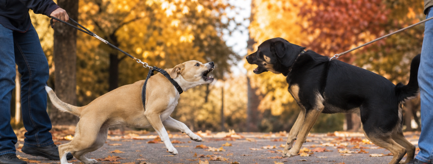 two dogs barking aggressively on leashes, demonstrating a need for leash reactivity training.