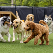 diverse dogs playing happily on green turf, showcasing dog daycare socialization.