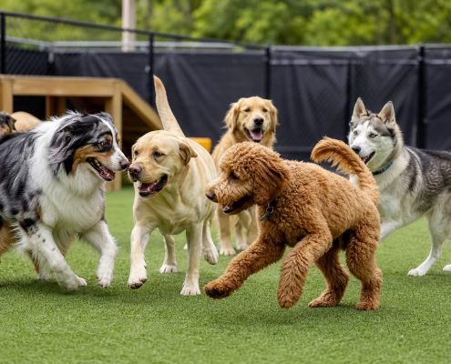 diverse dogs playing happily on green turf, showcasing dog daycare socialization.