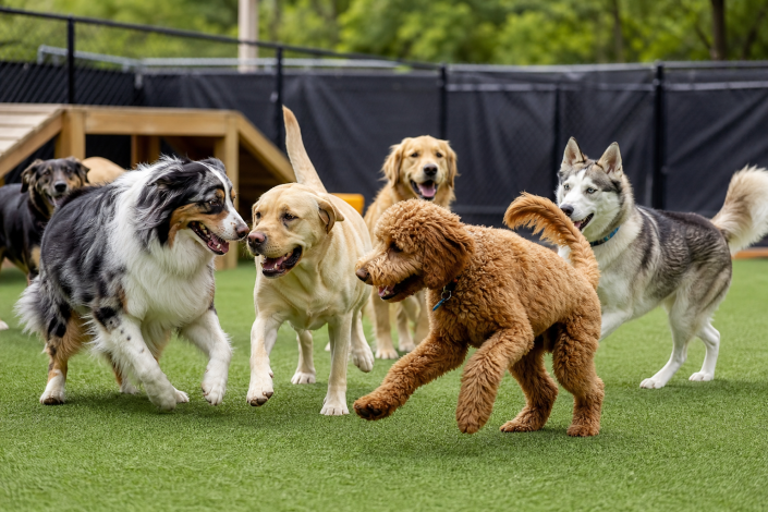 diverse dogs playing happily on green turf, showcasing dog daycare socialization.