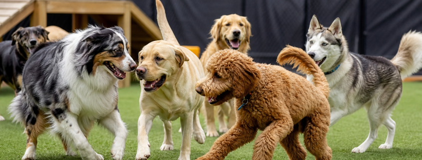 diverse dogs playing happily on green turf, showcasing dog daycare socialization.