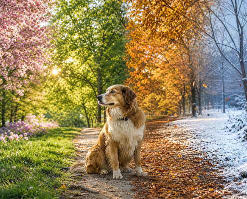 golden retriever sitting on a path showing spring, summer, autumn, and winter seasons, symbolizing positive reinforcement seasonal behavior.