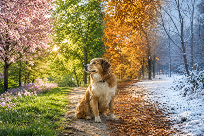 golden retriever sitting on a path showing spring, summer, autumn, and winter seasons, symbolizing positive reinforcement seasonal behavior.