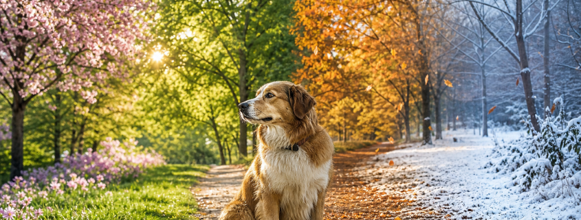 golden retriever sitting on a path showing spring, summer, autumn, and winter seasons, symbolizing positive reinforcement seasonal behavior.