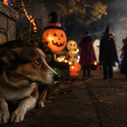 cowering dog showing dog fear halloween costumes while children trick-or-treat in background.