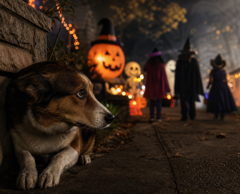 cowering dog showing dog fear halloween costumes while children trick-or-treat in background.