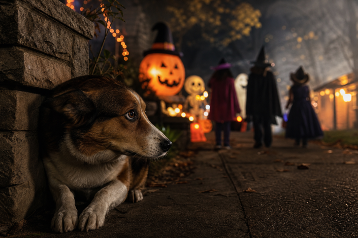 cowering dog showing dog fear halloween costumes while children trick-or-treat in background.