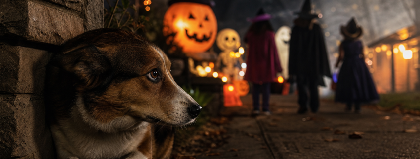cowering dog showing dog fear halloween costumes while children trick-or-treat in background.